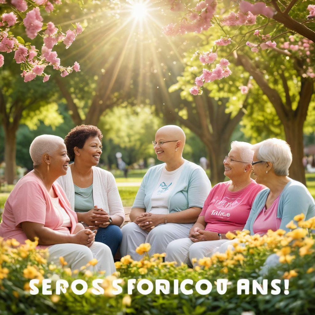 A serene and uplifting scene showcasing a diverse group of cancer survivors sharing stories in a sunlit park, surrounded by blooming flowers and greenery. Include symbols of hope like butterflies and positive quote banners in the background, highlighting resilience and community. Emphasize warmth and connection among individuals of different ages and backgrounds. soft-focus. vibrant colors. natural light.